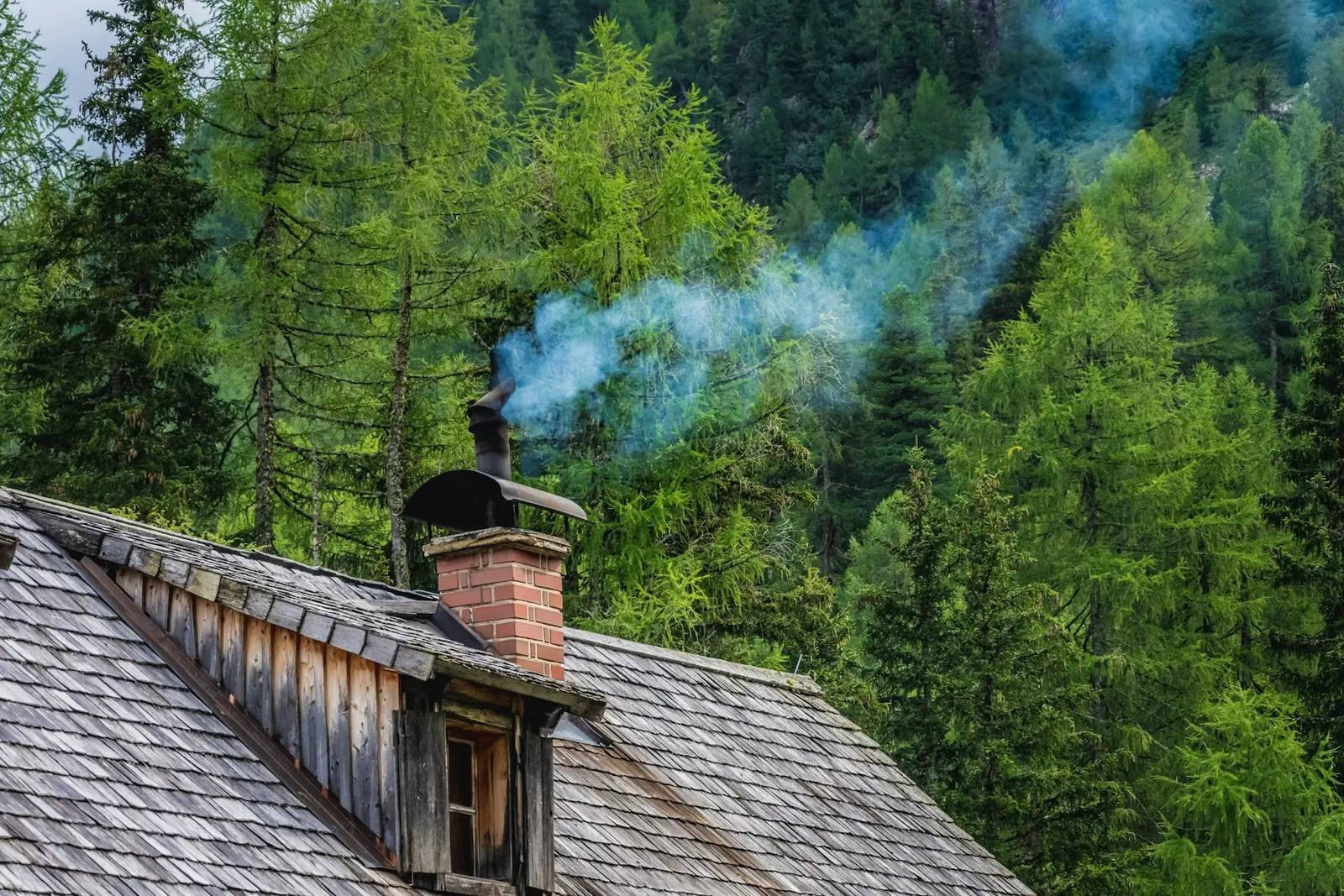 Smoking brick chimney on a weathered wood-shingle roof below damp fir forest
